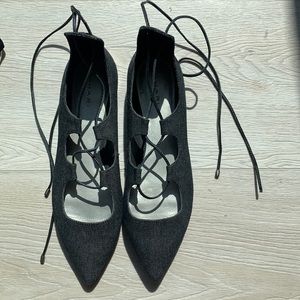 Tahari black flat laces wrap lace up shoes worn once